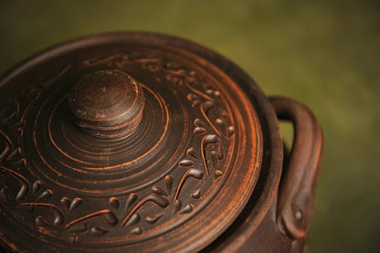 Handmade clay baking pot with lid and handle, rustic engraved pottery kitchenware