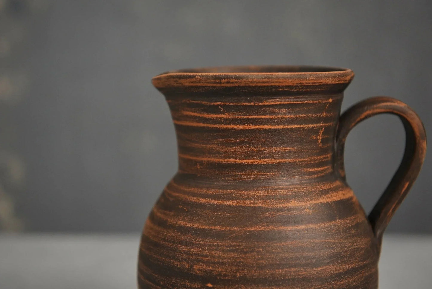 Handmade ceramic milk jug with handle, rustic brown clay pitcher from clayproductsshop