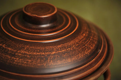 Handmade brown ceramic pot with lid, rustic clay bakeware for kitchen decor