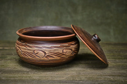 Handmade unglazed ceramic pot with lid, rustic clay bowl, artisan kitchen decor