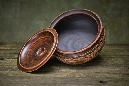 Handmade unglazed clay pot with lid, rustic ceramic bowl for kitchen decor and cooking
