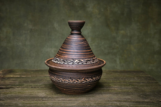 Handmade ceramic tagine pot with lid, rustic carved brown clay, pottery home decor
