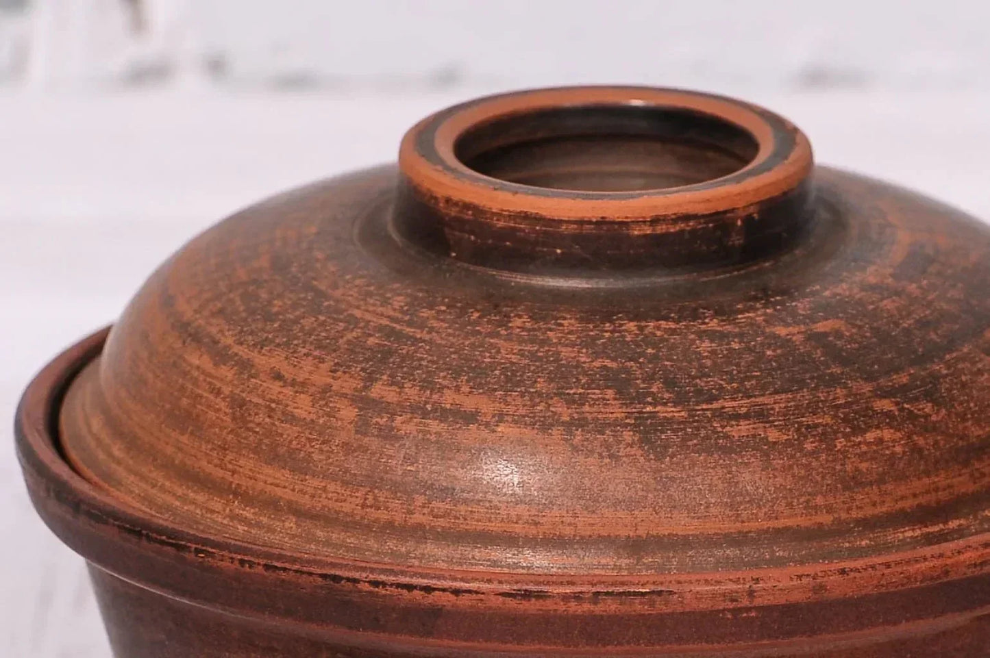 Handmade brown clay bowl with lid, rustic pottery bakeware from clayproductsshop