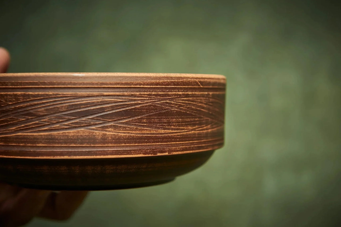 Handmade brown ceramic bowl with carved pattern, artisan homeware from clayproductsshop