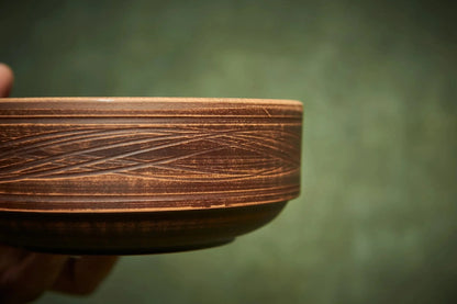 Handmade brown ceramic bowl with carved pattern, artisan homeware from clayproductsshop