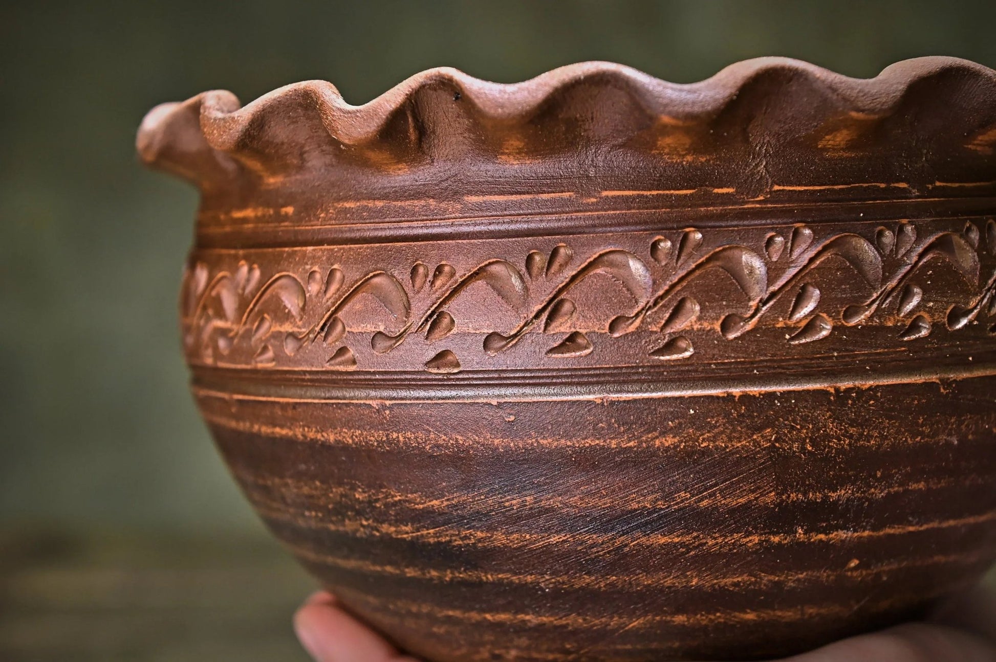 Handmade ceramic clay bowl with engraved pattern, rustic farmhouse pottery home decor