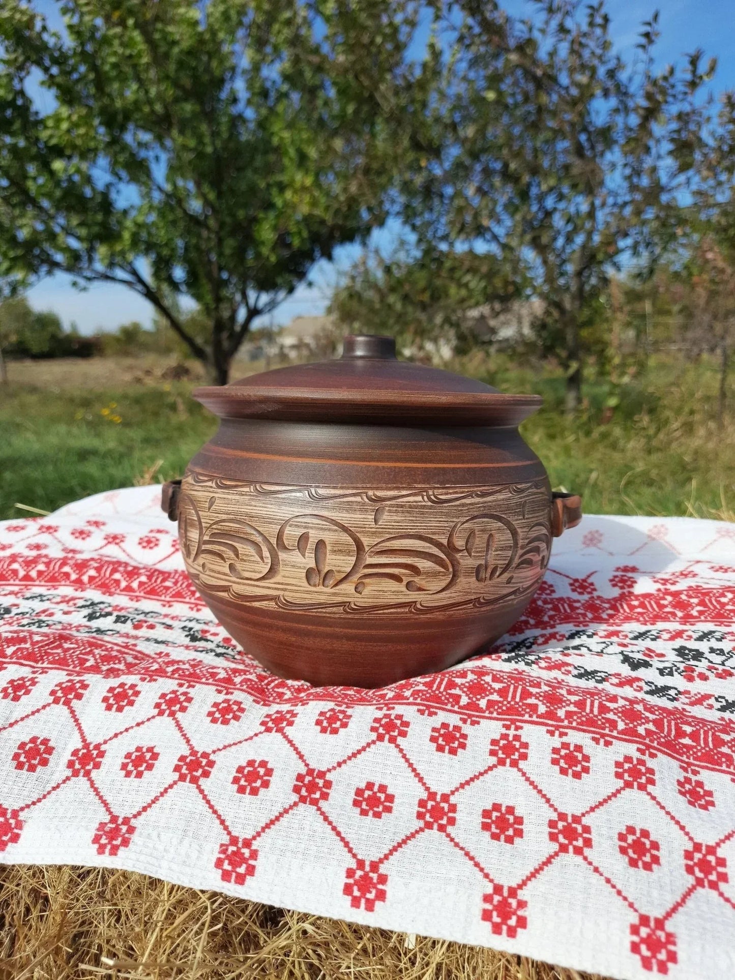 Handmade ceramic pot with lid and handles, red clay Dutch oven on embroidered cloth outdoors