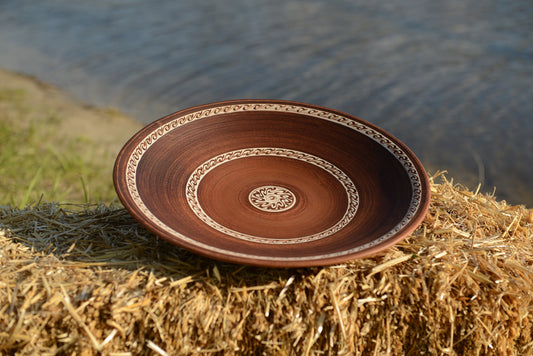 Big Ceramic Plate 16.5 inch Red Clay Brown Dish for Fruit, Meat Thrown Plate Chargers Plates Pottery Unglazed Handmade Lead Free 42 cm - clayproductsshop