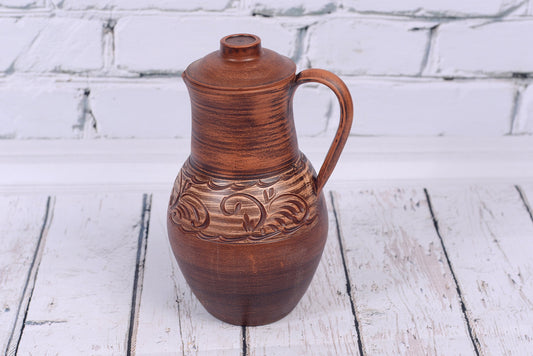 Big Clay Jug with Lid Handmade Ceramic Vessel for Milk, Water, Juice, Vine Pitcher Jar Ewer Jugful - clayproductsshop