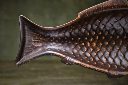 Handmade brown ceramic fish plate with textured scales from clayproductsshop