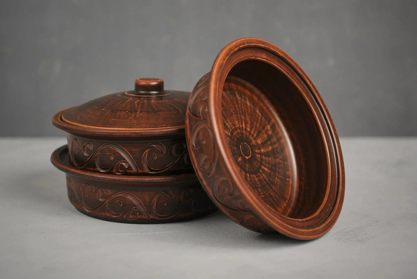 Handmade ceramic baking set with 3 clay pots and 1 lid, artisan kitchenware