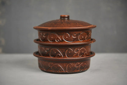 Handmade ceramic baking set with ornate clay pots and lid, artisan kitchenware from clayproductsshop