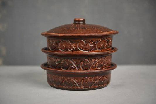 Handmade ceramic baking set with ornate clay pots and lid, artisan kitchenware from clayproductsshop