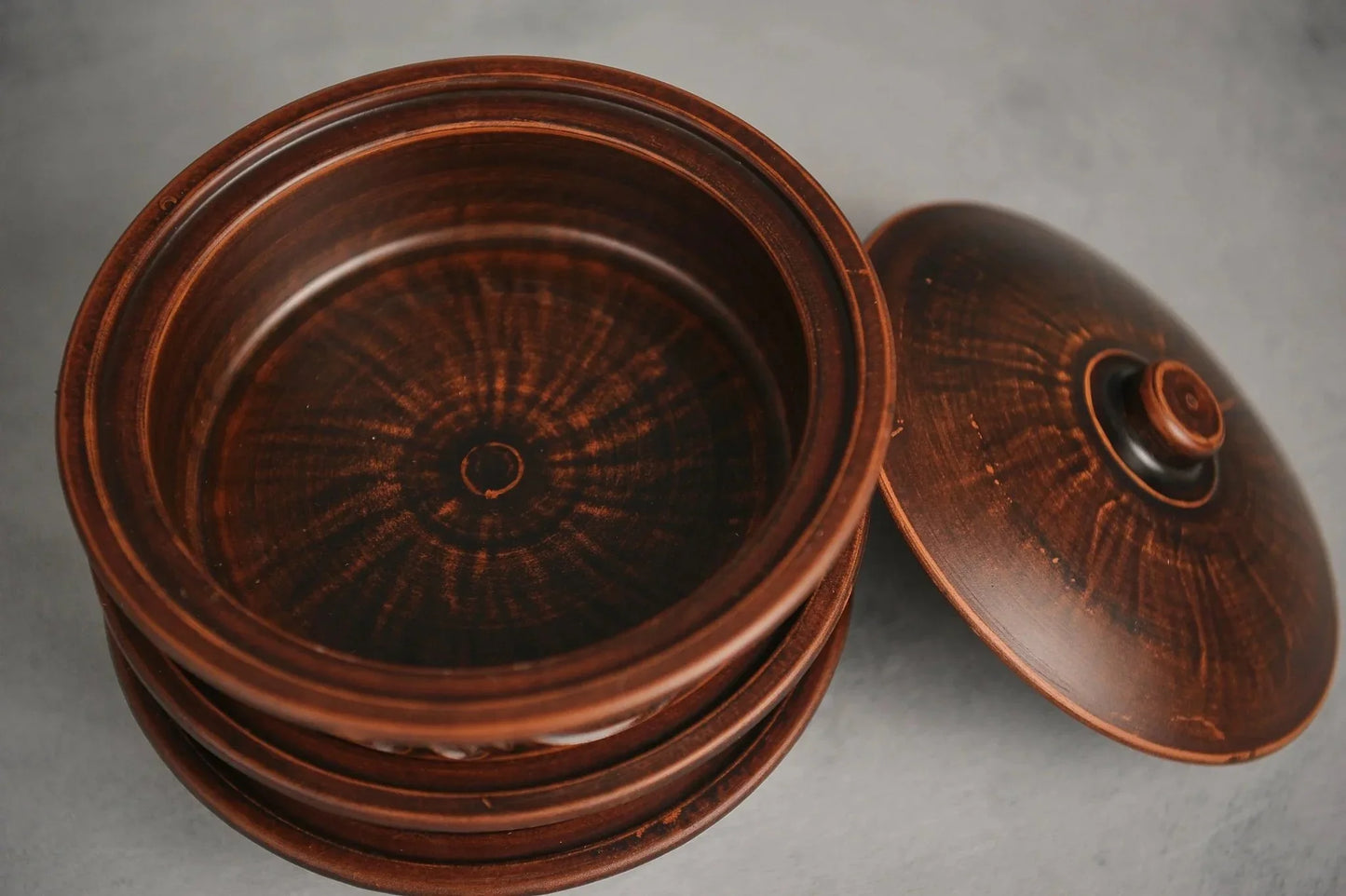 Handmade brown ceramic clay pots with matching lid, artisan kitchen cookware