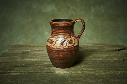 Handmade ceramic clay pitcher with carved pattern, rustic farmhouse pottery on wooden table