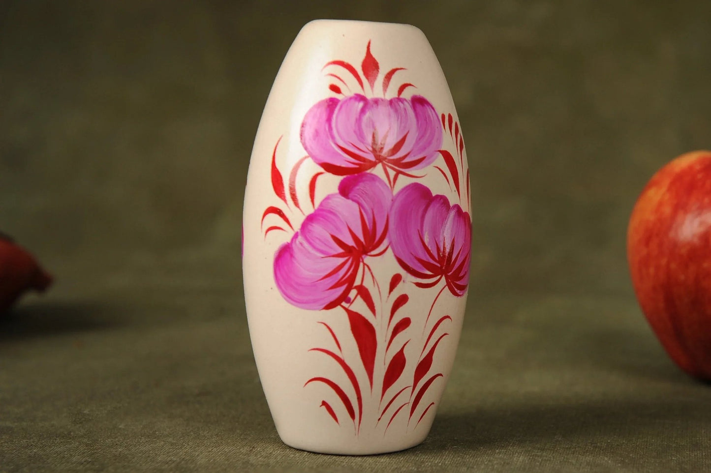 Handmade small ceramic vase with pink and red floral design, white clay, artisan home decor